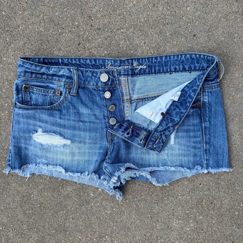 Y2K American Eagle Low Rise Button Fly Blue Jean Micro Mini Jean Shorts Size 10